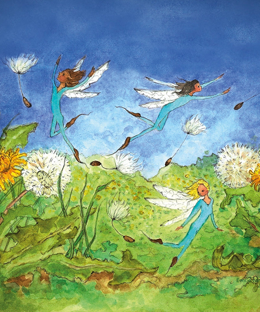 Toverlux Magic Lamp Silhouette - Artwork By Eentje Van Margo, Dandelions. A group of fairies dressed in blue, flying in and out of dandelion flowers, playing with the dandelion petals. A beautiful fairytale illustration