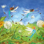 Toverlux Magic Lamp Silhouette - Artwork By Eentje Van Margo, Dandelions. A group of fairies dressed in blue, flying in and out of dandelion flowers, playing with the dandelion petals. A beautiful fairytale illustration