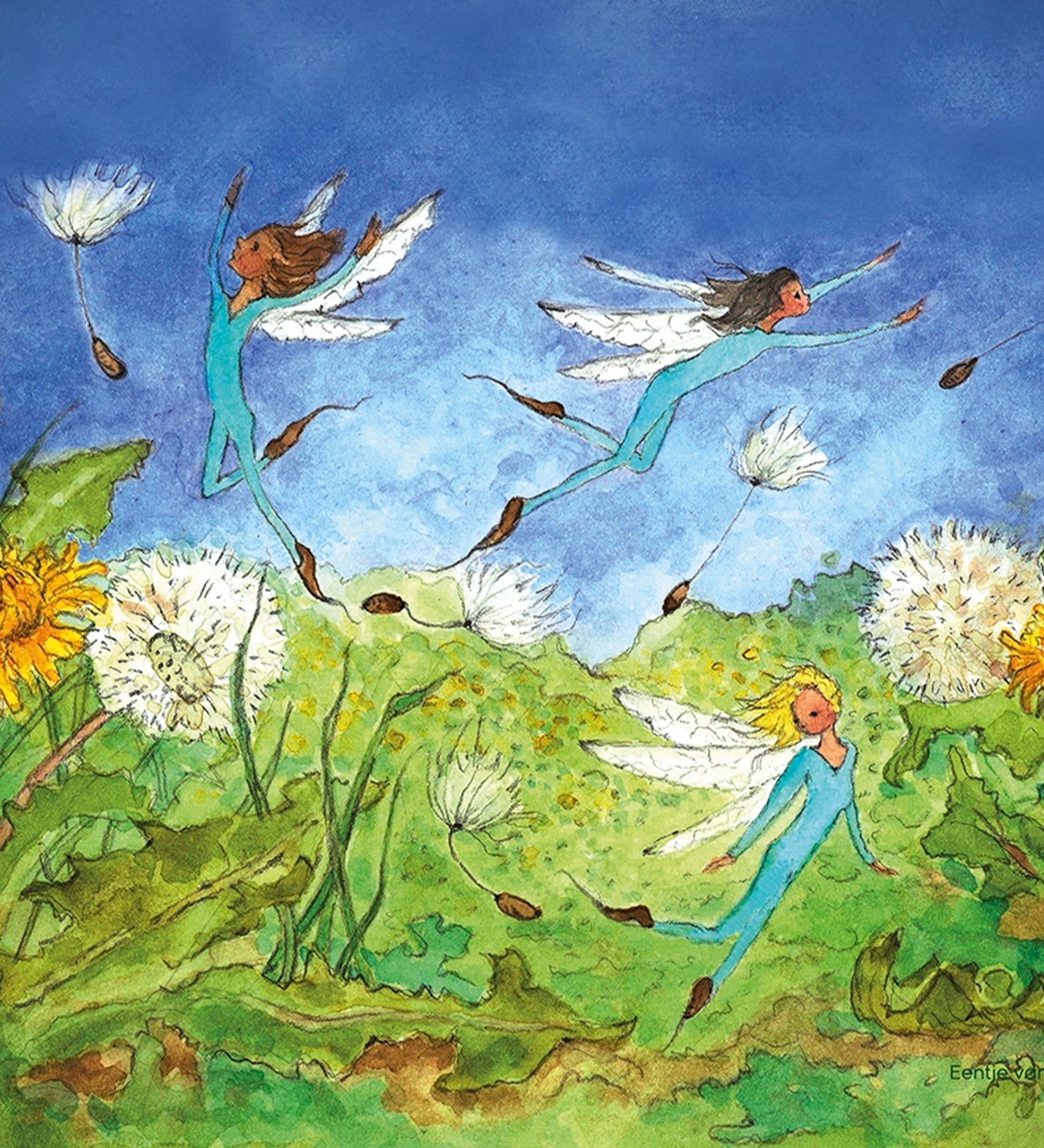 Toverlux Magic Lamp Silhouette - Artwork By Eentje Van Margo, Dandelions. A group of fairies dressed in blue, flying in and out of dandelion flowers, playing with the dandelion petals. A beautiful fairytale illustration