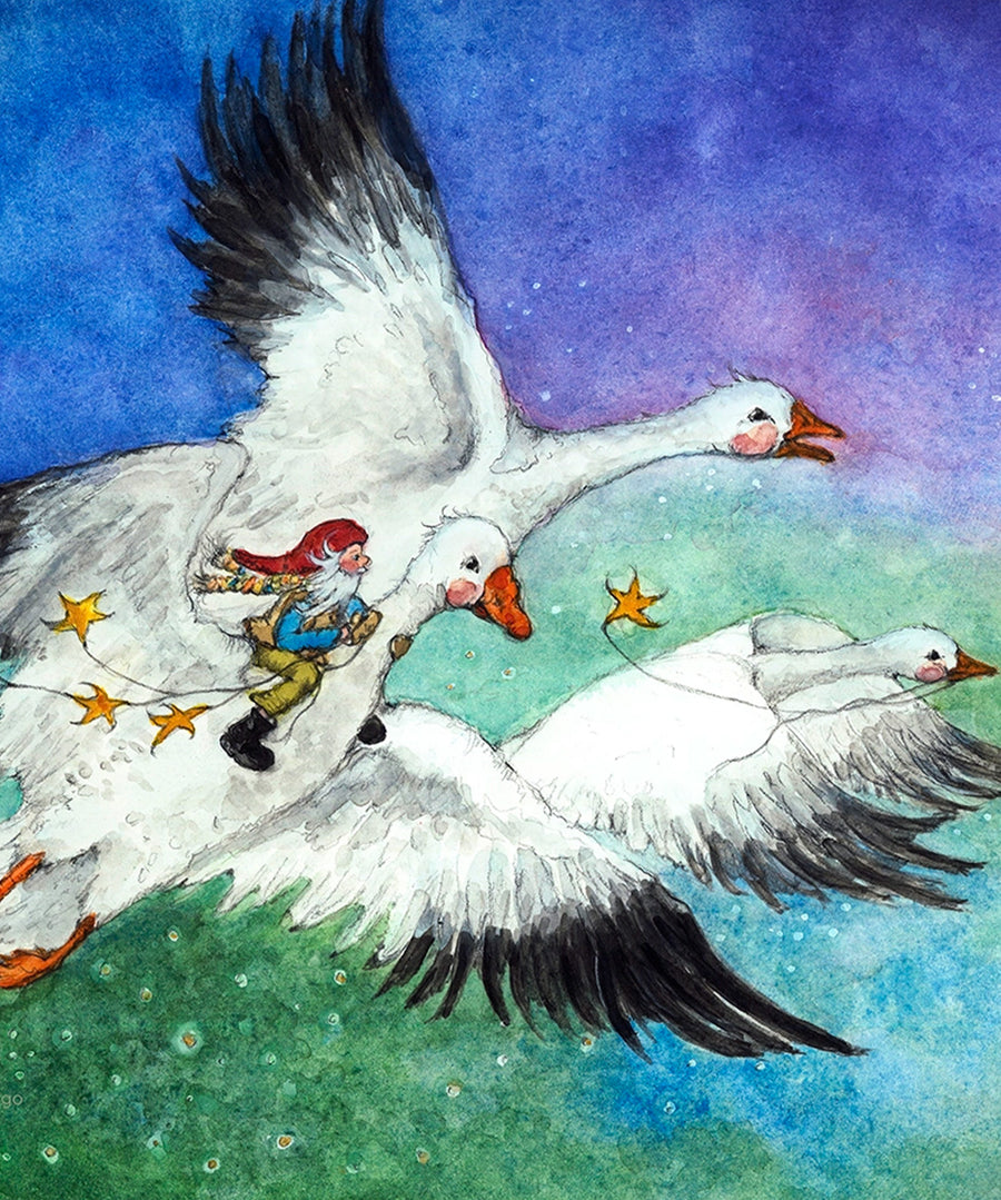 Toverlux Magic Lamp Silhouette - Artwork By Eentje Van Margo, George and the Snow Geese. A fun illustration of a gnome, flying on the back of a large, white goose. There are two other geese in the image which is set on a blue and green background. The image is on a cream background