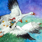 Toverlux Magic Lamp Silhouette - Artwork By Eentje Van Margo, George and the Snow Geese. A fun illustration of a gnome, flying on the back of a large, white goose. There are two other geese in the image which is set on a blue and green background. The image is on a cream background