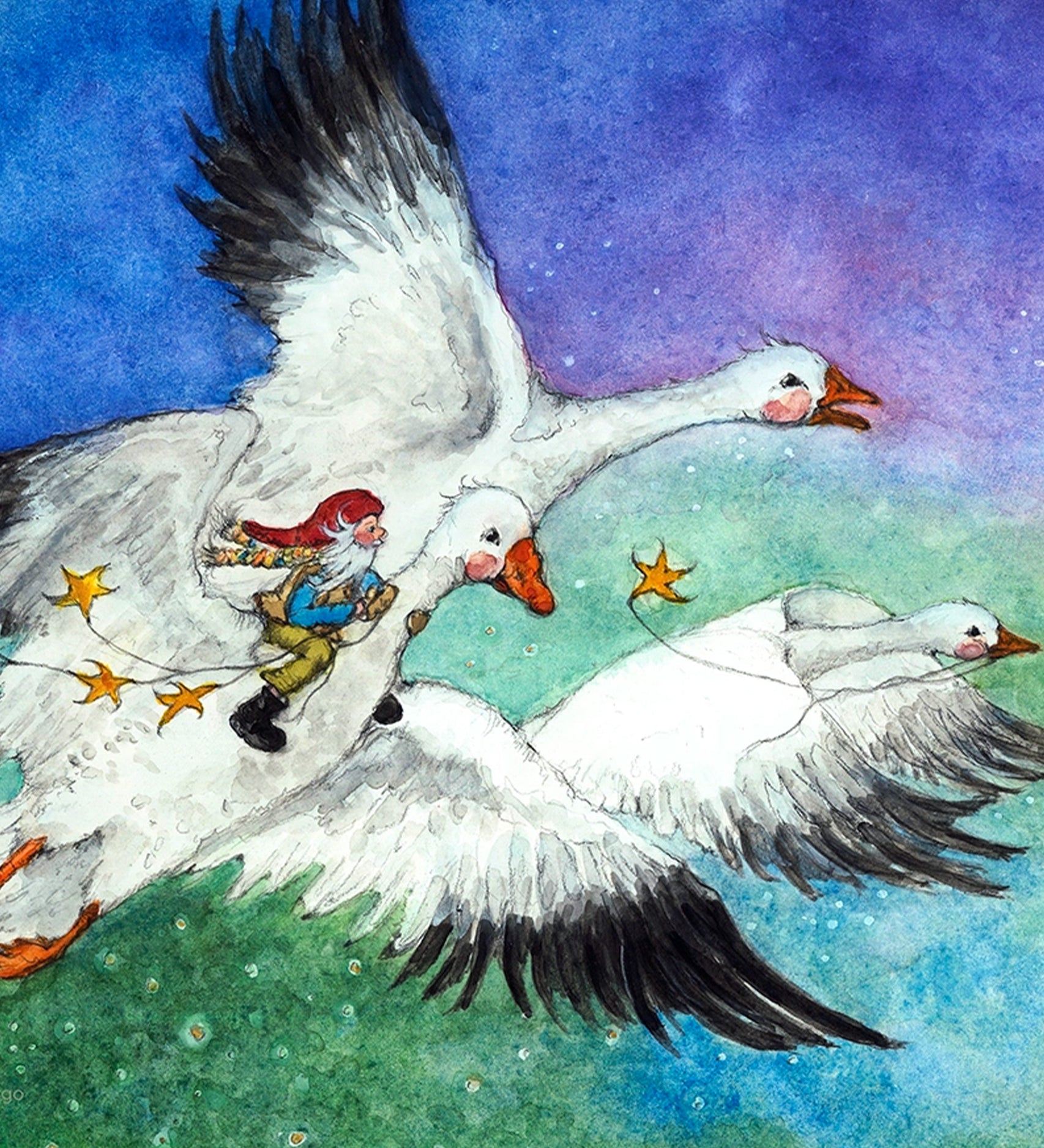 Toverlux Magic Lamp Silhouette - Artwork By Eentje Van Margo, George and the Snow Geese. A fun illustration of a gnome, flying on the back of a large, white goose. There are two other geese in the image which is set on a blue and green background. The image is on a cream background