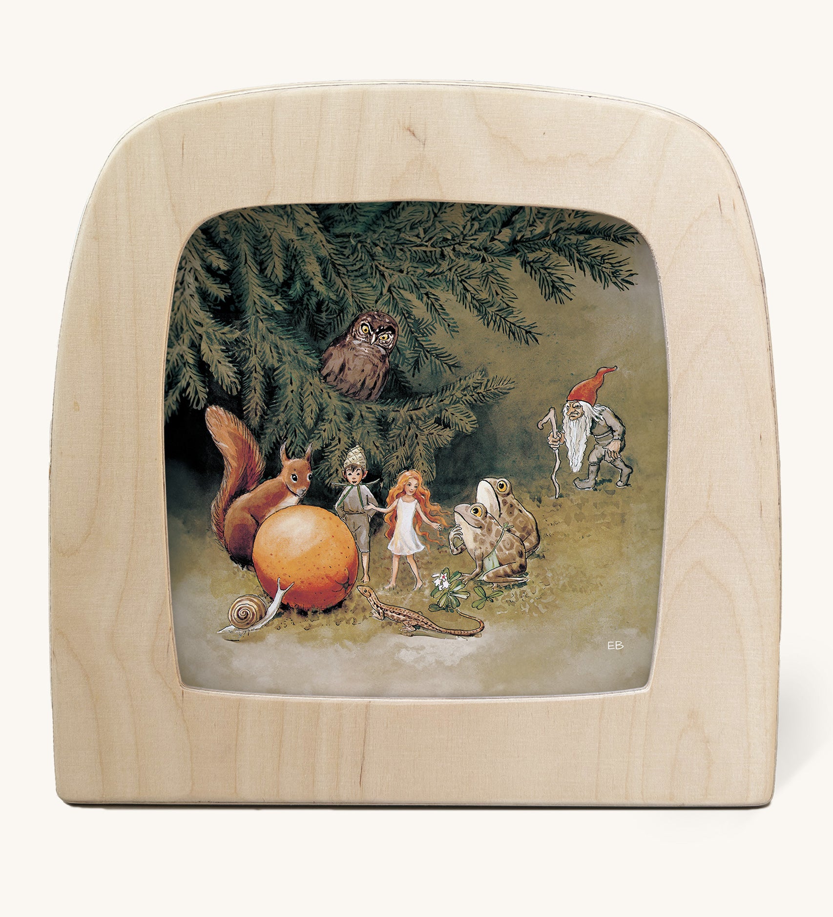 An illustration of a fairies and woodland animals in a forest, surrounding an egg from The Sun Egg Toverlux StoryLux Silhouette Sets, by Elsa Beskow. The illustration is inside a Magic Lamp on a cream background