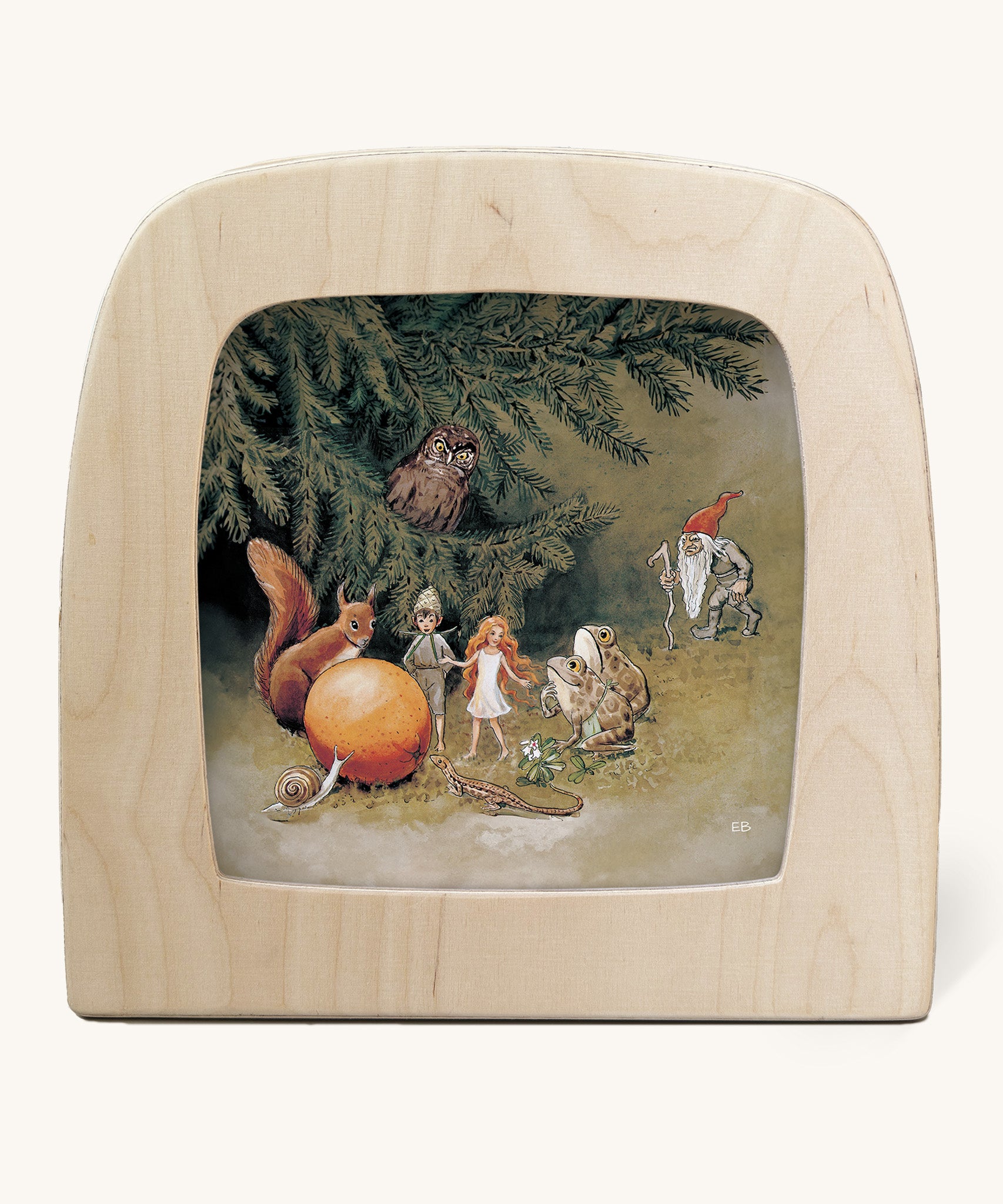 An illustration of a fairies and woodland animals in a forest, surrounding an egg from The Sun Egg Toverlux StoryLux Silhouette Sets, by Elsa Beskow. The illustration is inside a Magic Lamp on a cream background