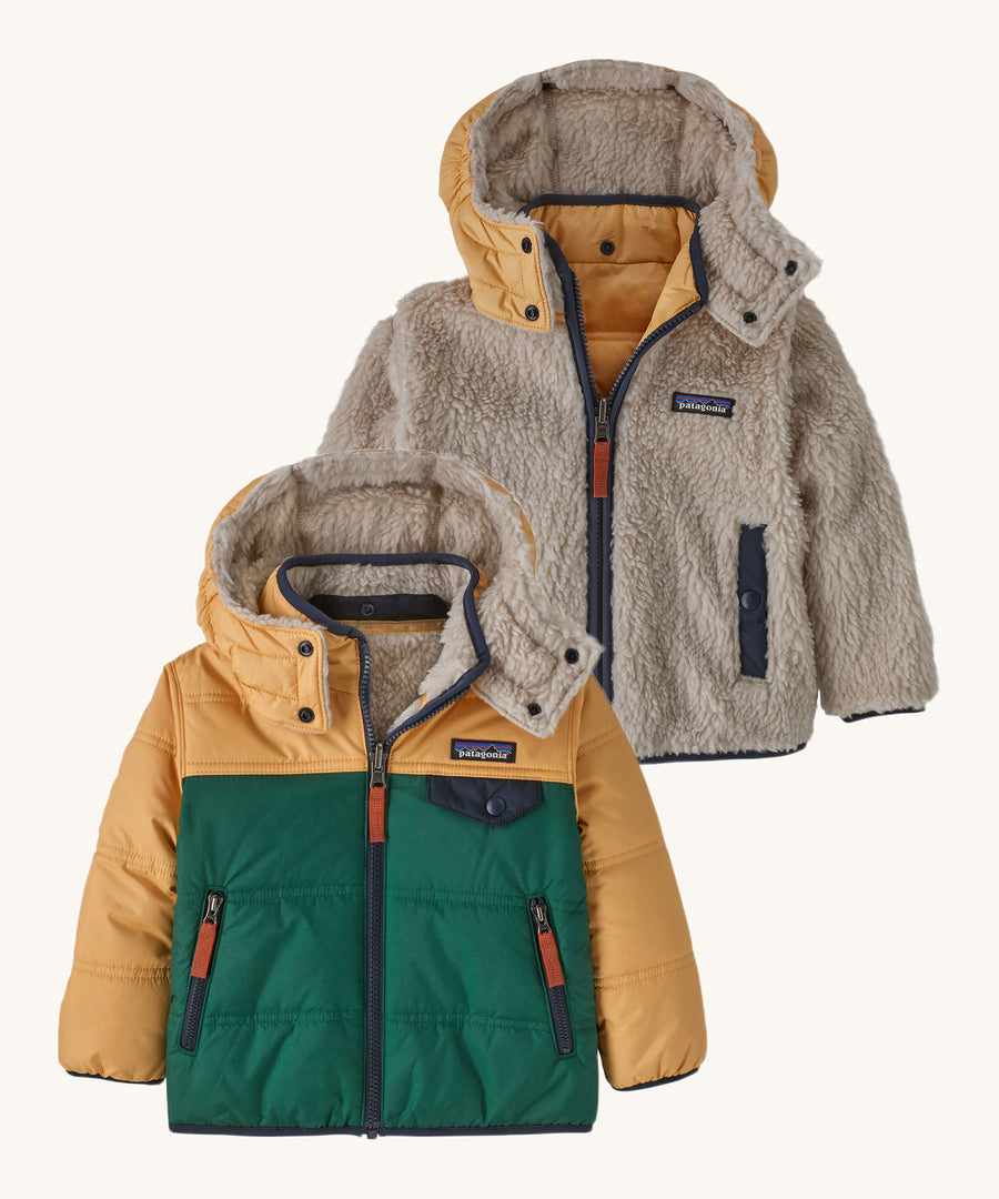 Patagonia Baby Reversible Tribbles Hoody - Conifer Green, with a green, yellow and navy outer and a navy and yellow detail on the reversible fleece side