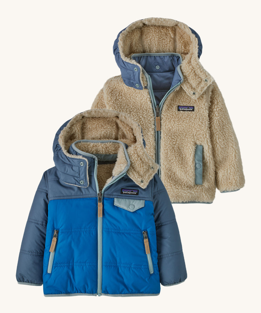 Patagonia Baby Reversible Tribbles Hoody - Endless Blue with light, medium and dark blue outer, and blue details on the reversible fleece inner