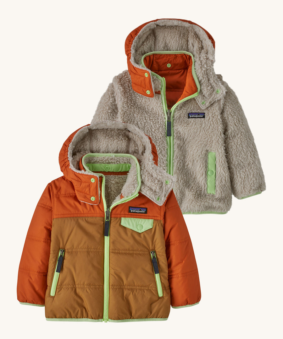 Patagonia Baby Reversible Tribbles Hoody - Nest Brown, with orange-brown and light green outer, and orange and light green details on the inner reversible fleece side