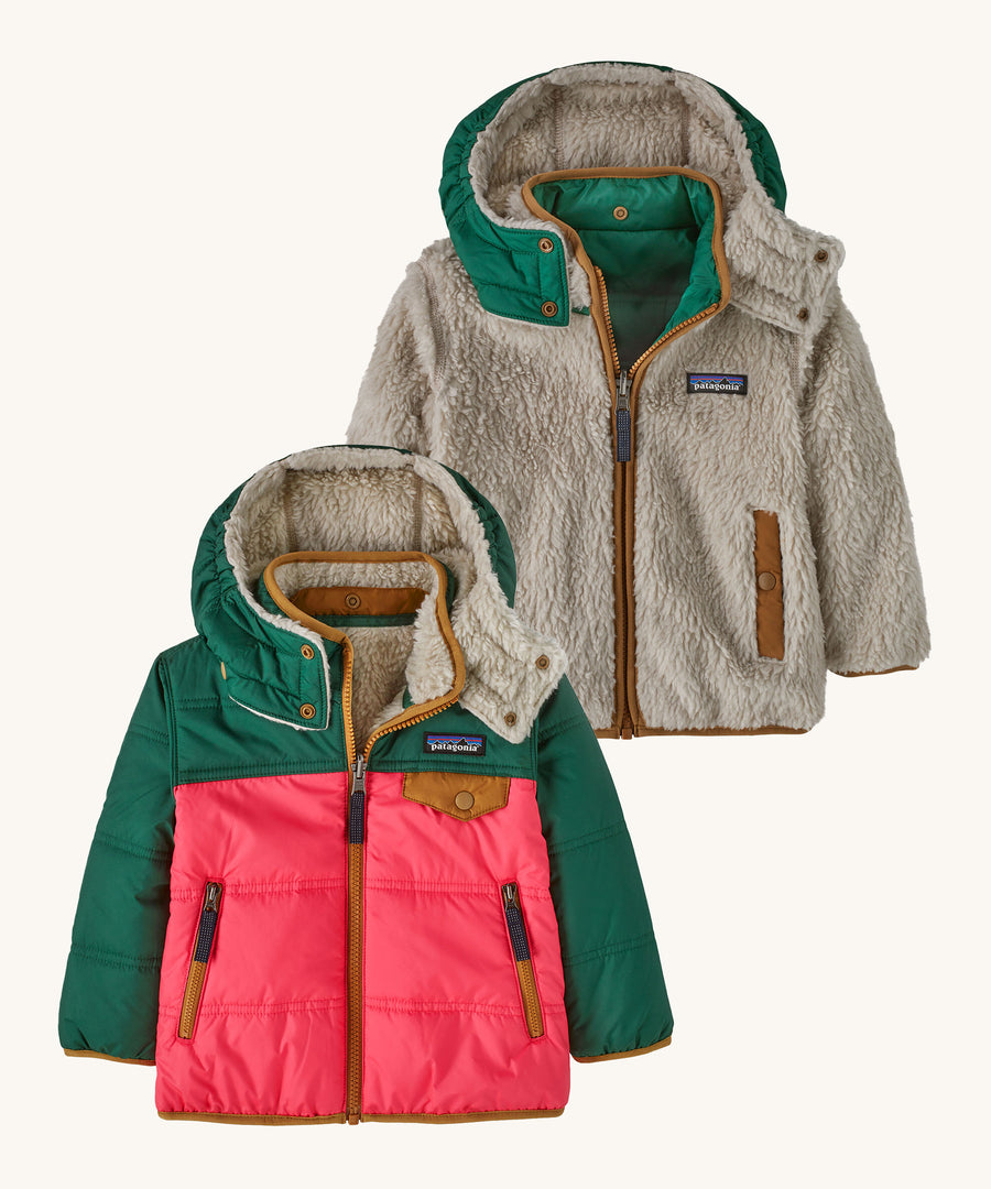 Patagonia Baby Reversible Tribbles Hoody -  Sierra Pink. With a green, pink and dark gold outer, and a green and dark gold inner on the fleece lining