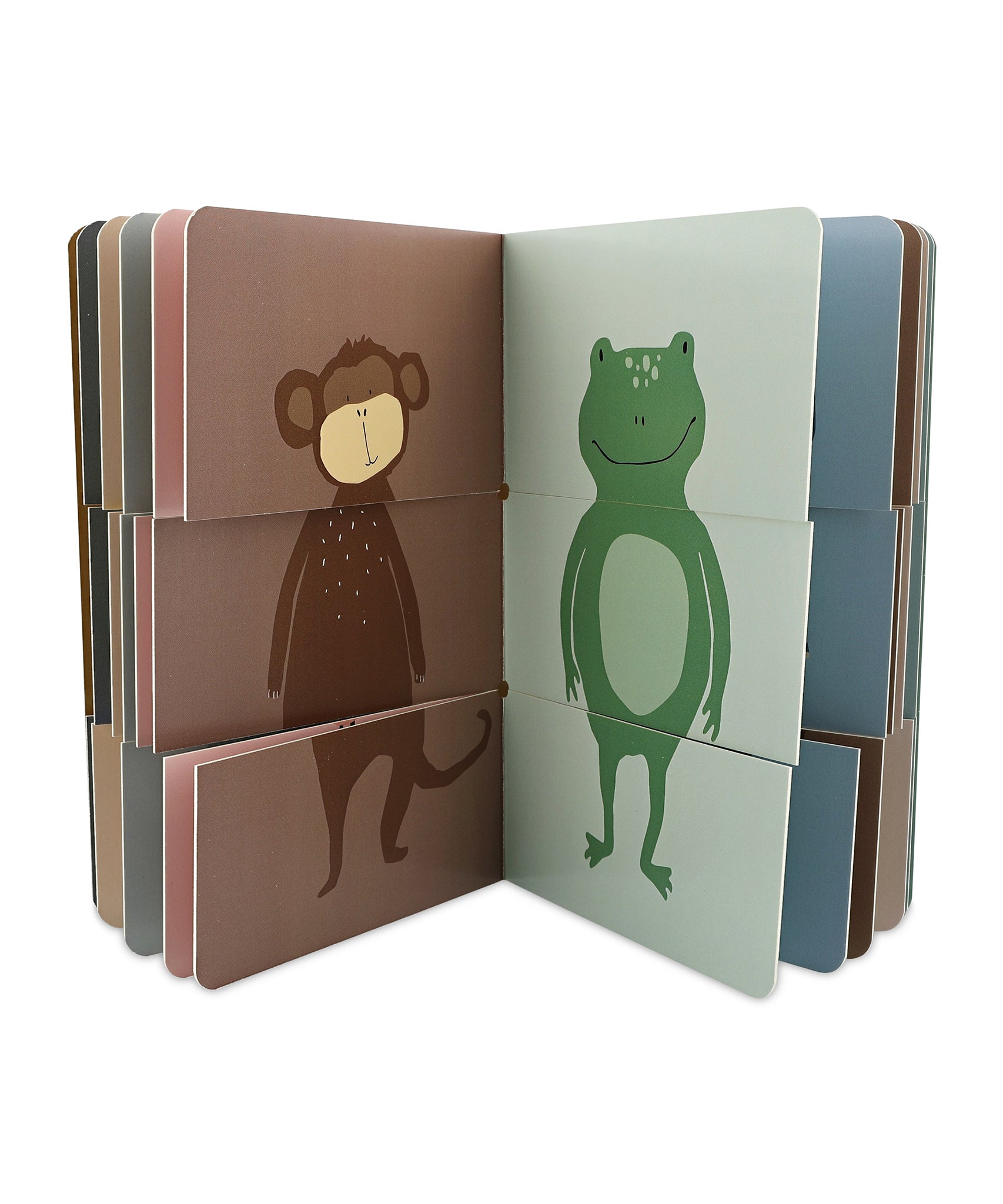 Trixie Flip-Flap Animals Book pages open showing a monkey and frog character.