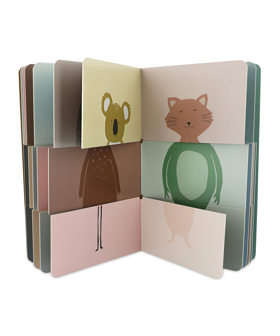 Trixie Flip-Flap Animals Book with the pages open showing different animal combinations.