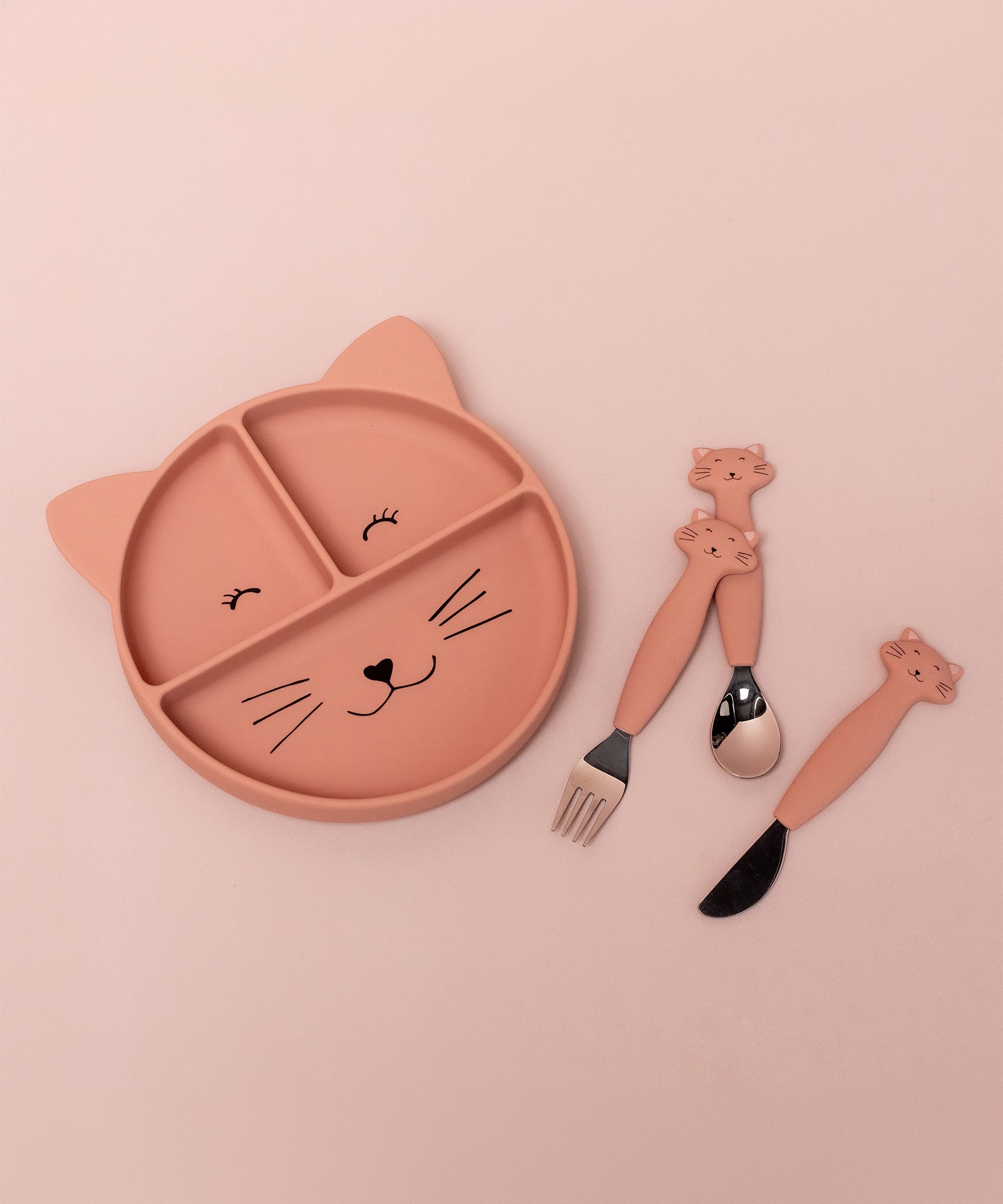 Trixie Animal Friends Silicone Divider Plate, pink, Mrs Cat, with matching baby cutlery set. 