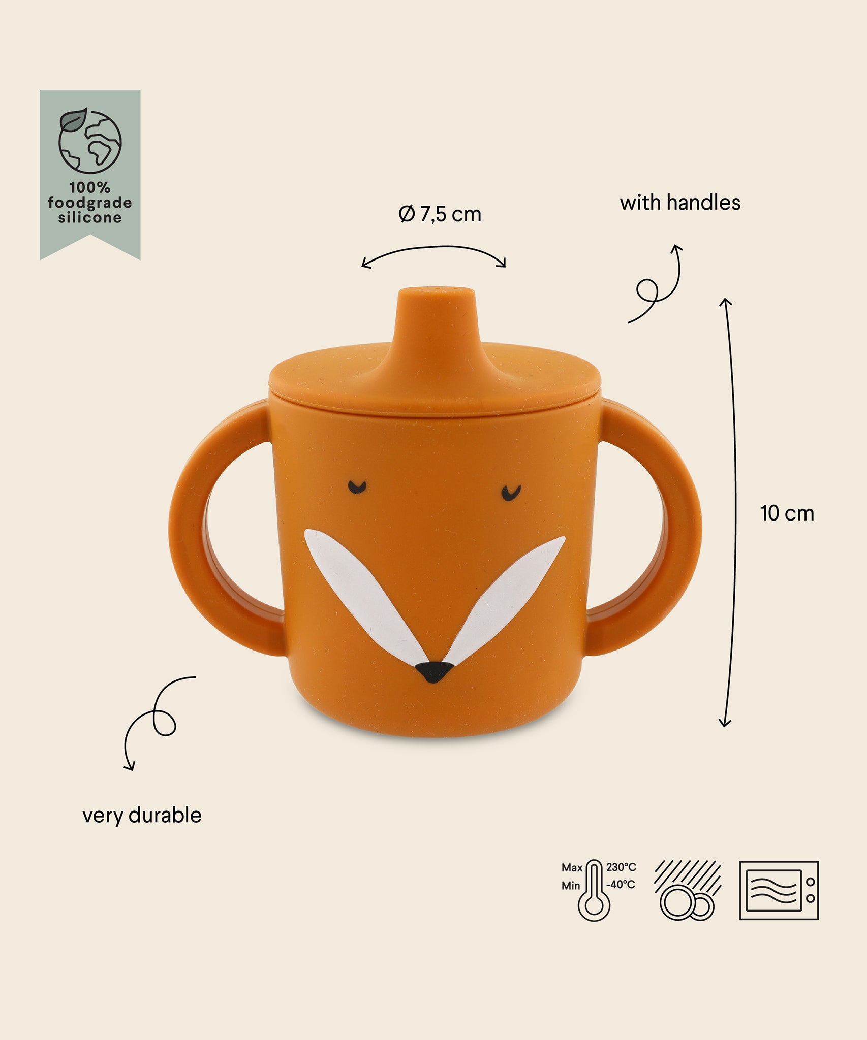 Trixie Animal Friends Silicone Sippy Cup, orange, Mr Fox. Infographic.