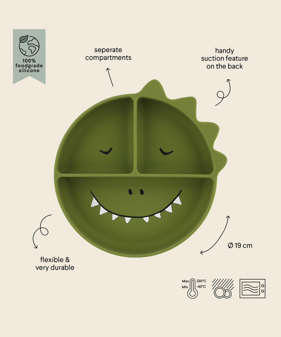 Trixie Animal Friends Silicone Divider Plate, green, Mr Dino. Infographic. 