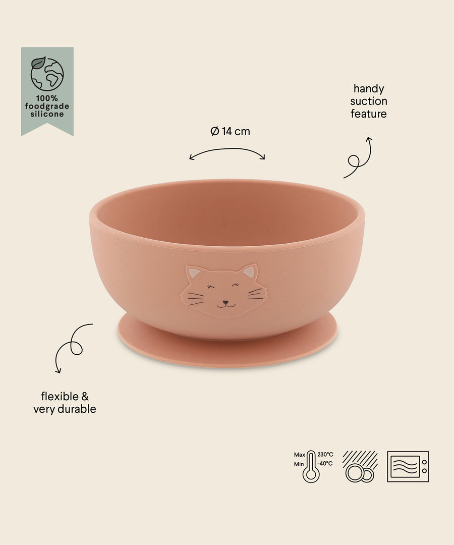 Trixie Animal Friends Silicone Suction Bowl, pink, Mrs Cat. Infographic. 