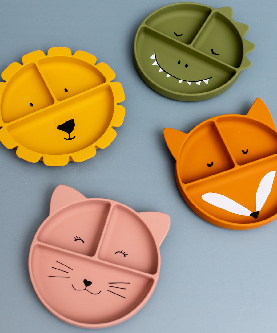 All four Trixie Animal Friends Silicone Divider Plates, Mr Lion, Mr Dino, Mr Fox and Mrs Cat. 