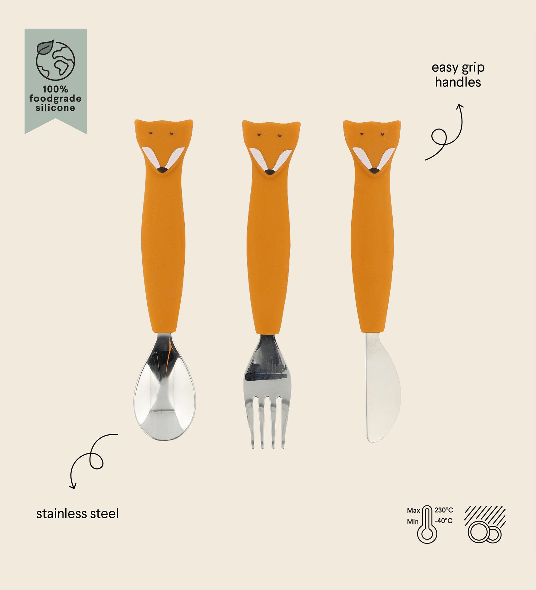 Trixie Animal Friends Silicone Cutlery Set - 3 Pack, spoon, fork and knife in Mr Fox. Infographic. 