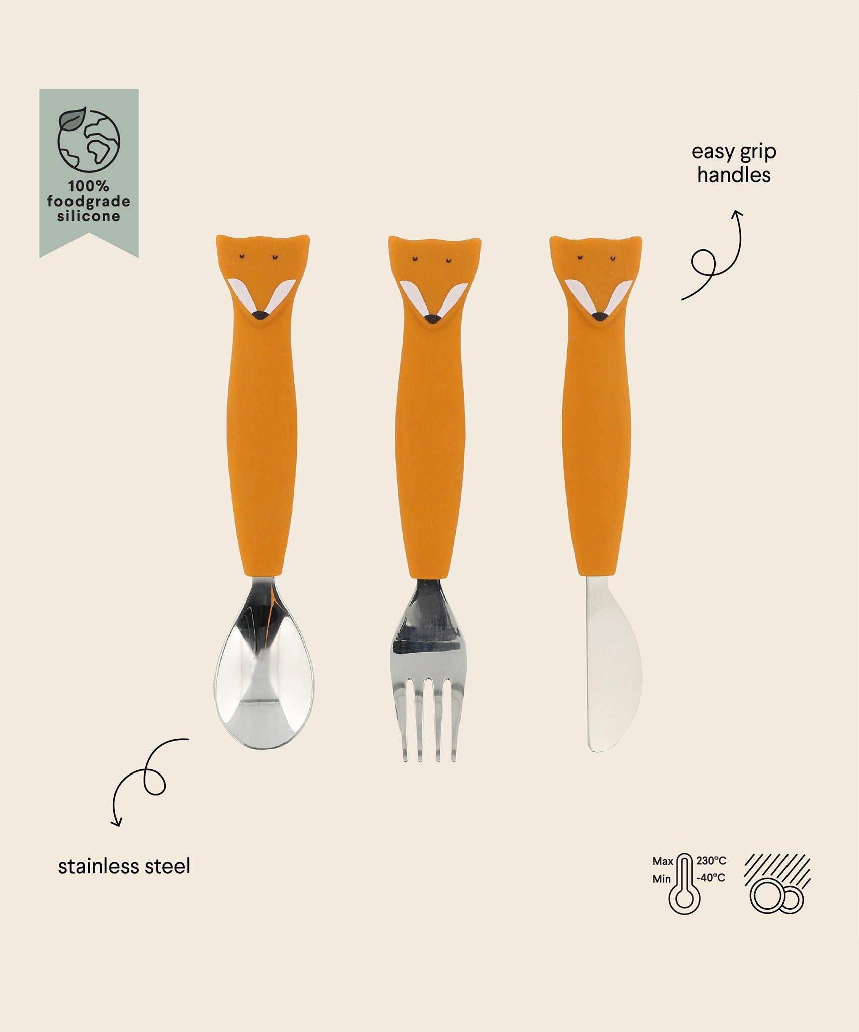 Trixie Animal Friends Silicone Cutlery Set - 3 Pack, spoon, fork and knife in Mr Fox. Infographic. 