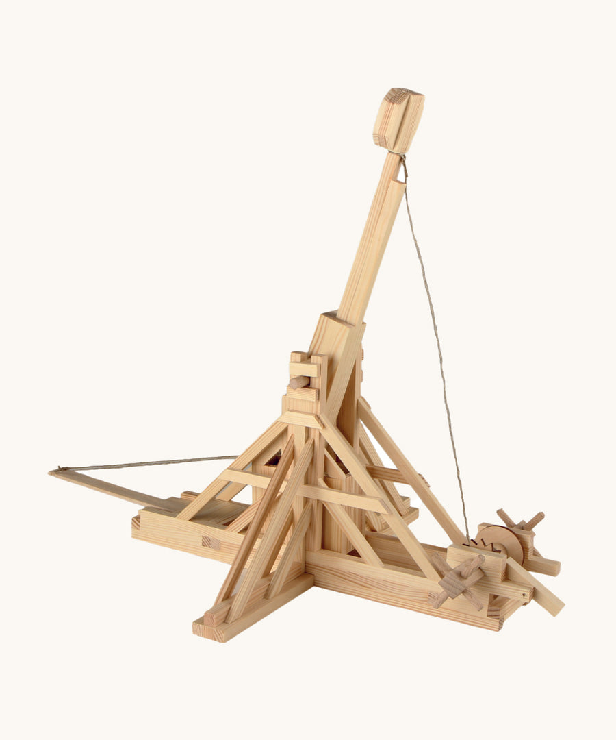 The back and side of the Walachia wooden Trebucet Craft kit, showing the wooden pieces carefully constructed to make a working Trebuchet