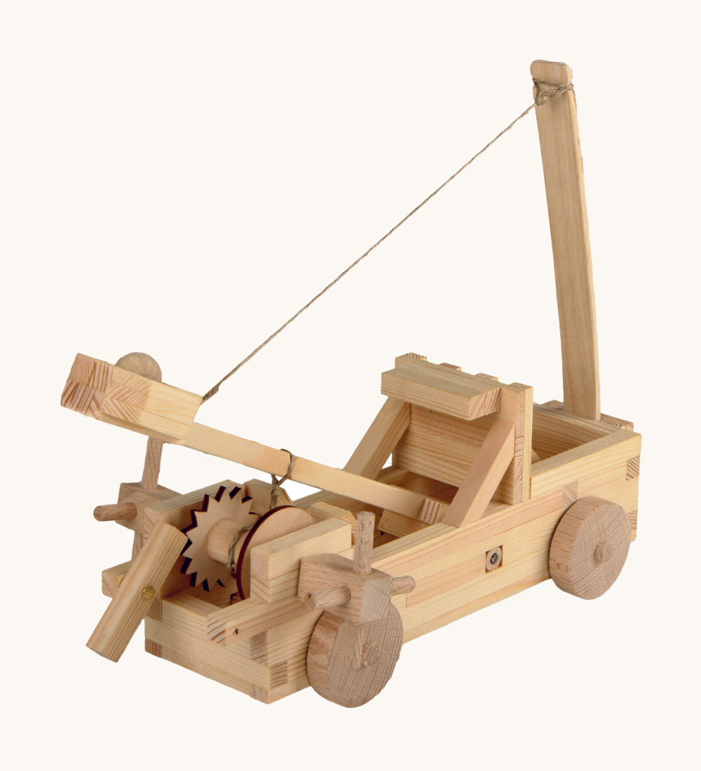 The back of the Walachia Wooden Catapult building toy on a cream background. The image shows the catapult mechanics which allow the wooden arm to move are swing forward