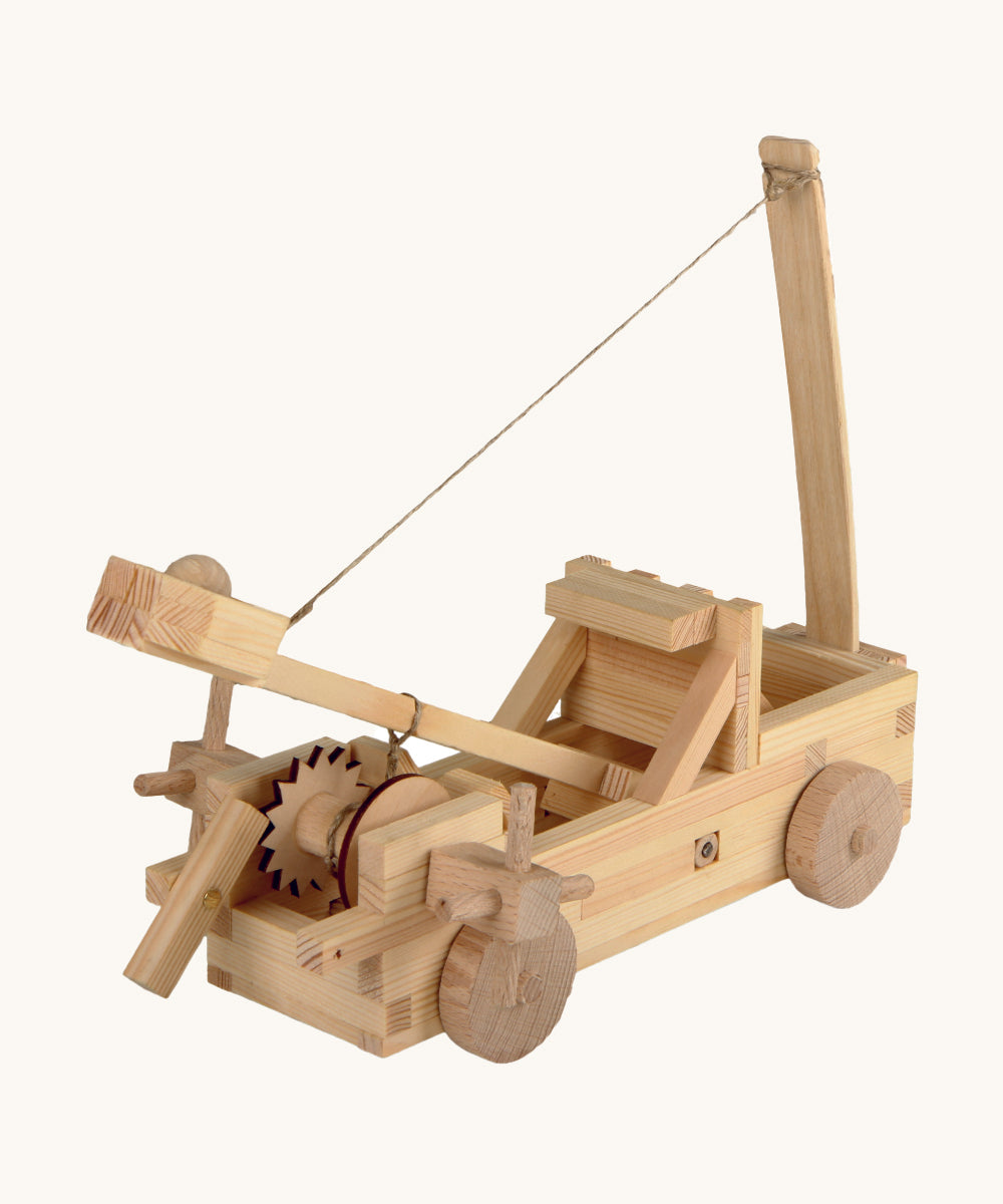 The back of the Walachia Wooden Catapult building toy on a cream background. The image shows the catapult mechanics which allow the wooden arm to move are swing forward