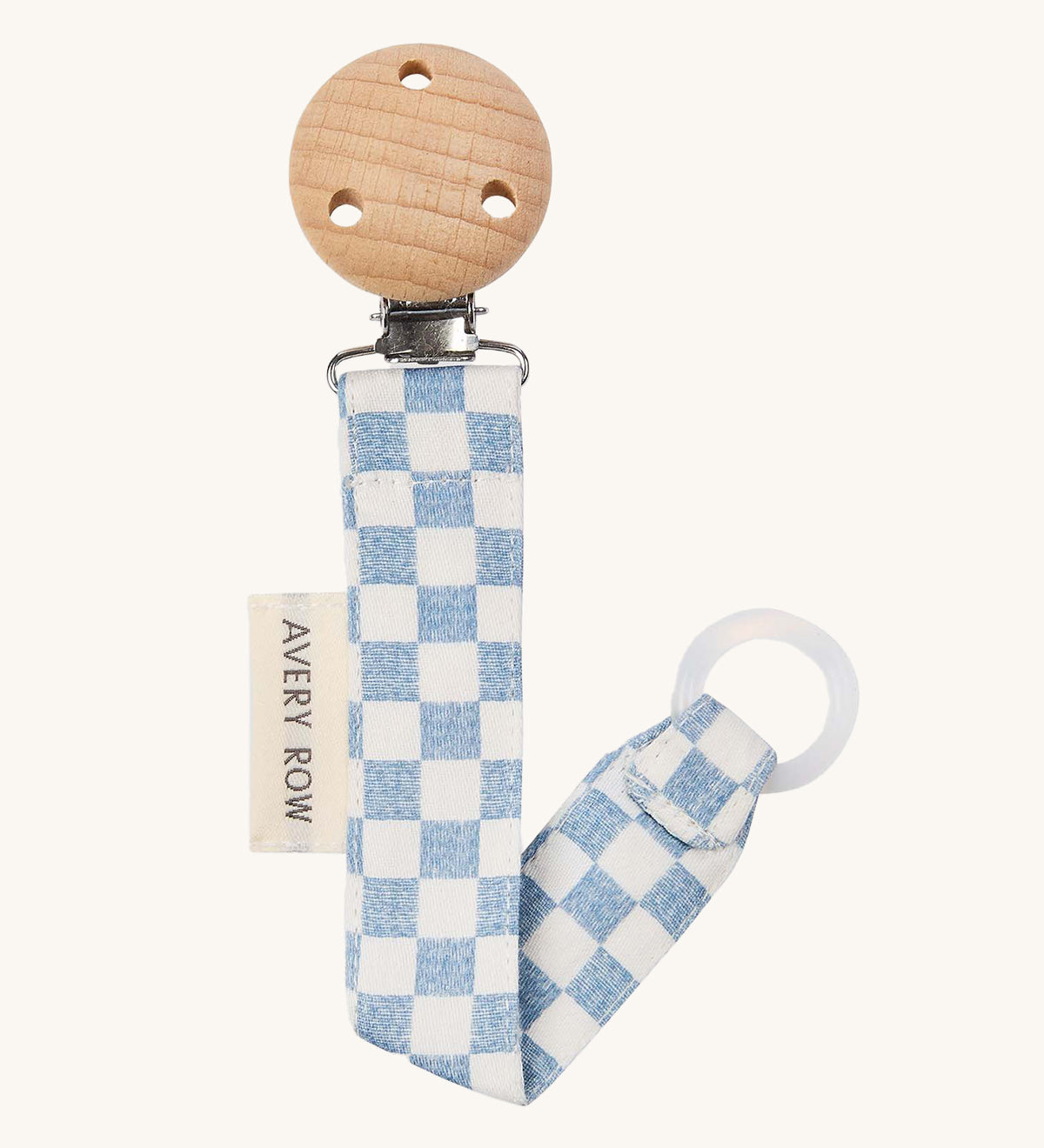 Avery Row Pacifier Holder - Waves, showing the silicone ring and wooden clip