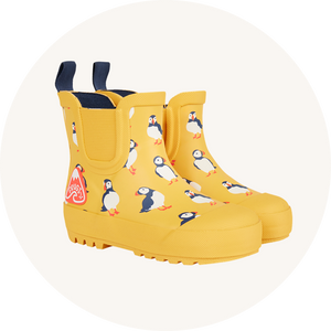 Frugi yellow wellies on cream background to represent children's wellies and shoes at Babipur.