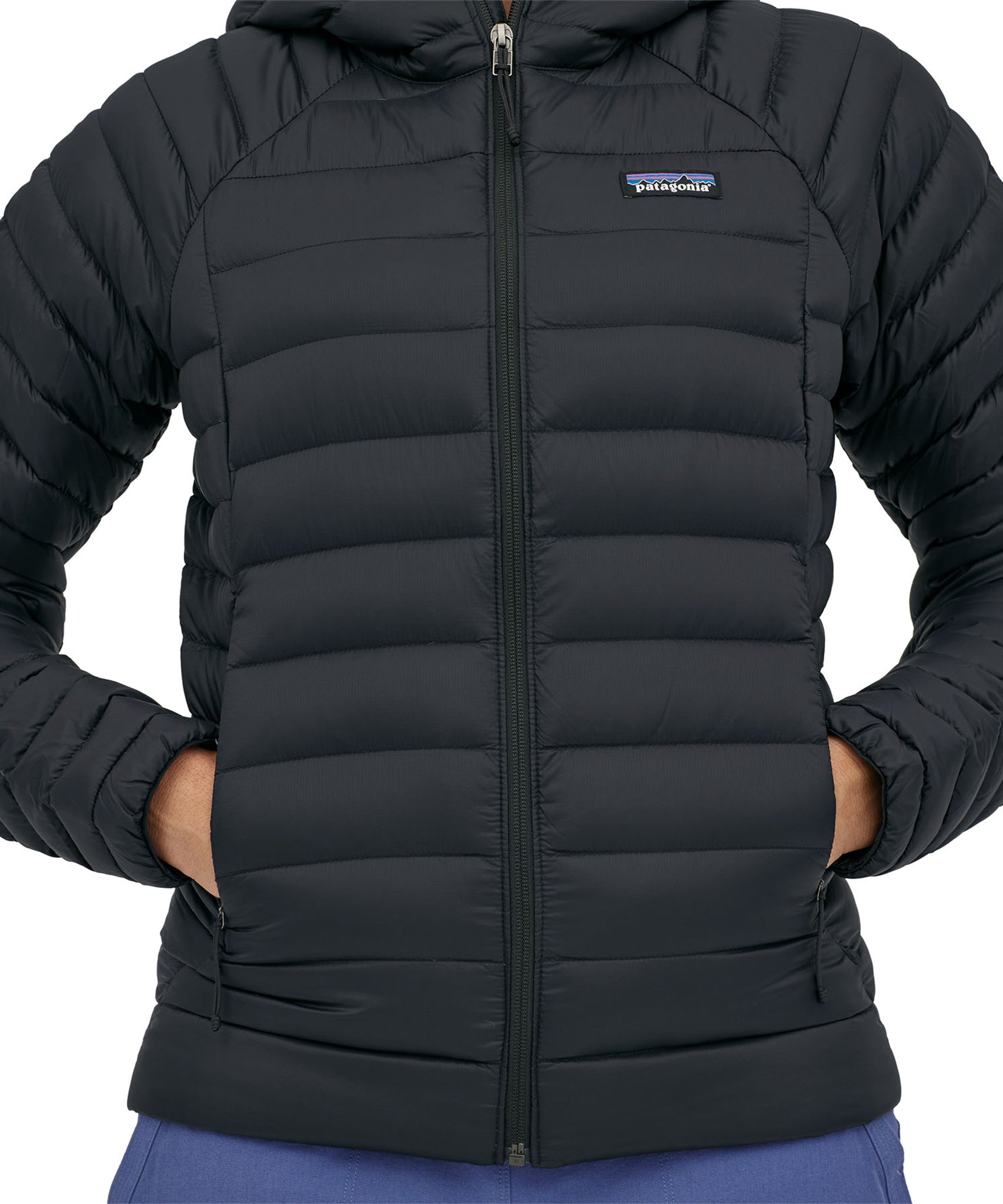 A closer look at the zip on the Patagonia Women's Down Sweater Hoody 