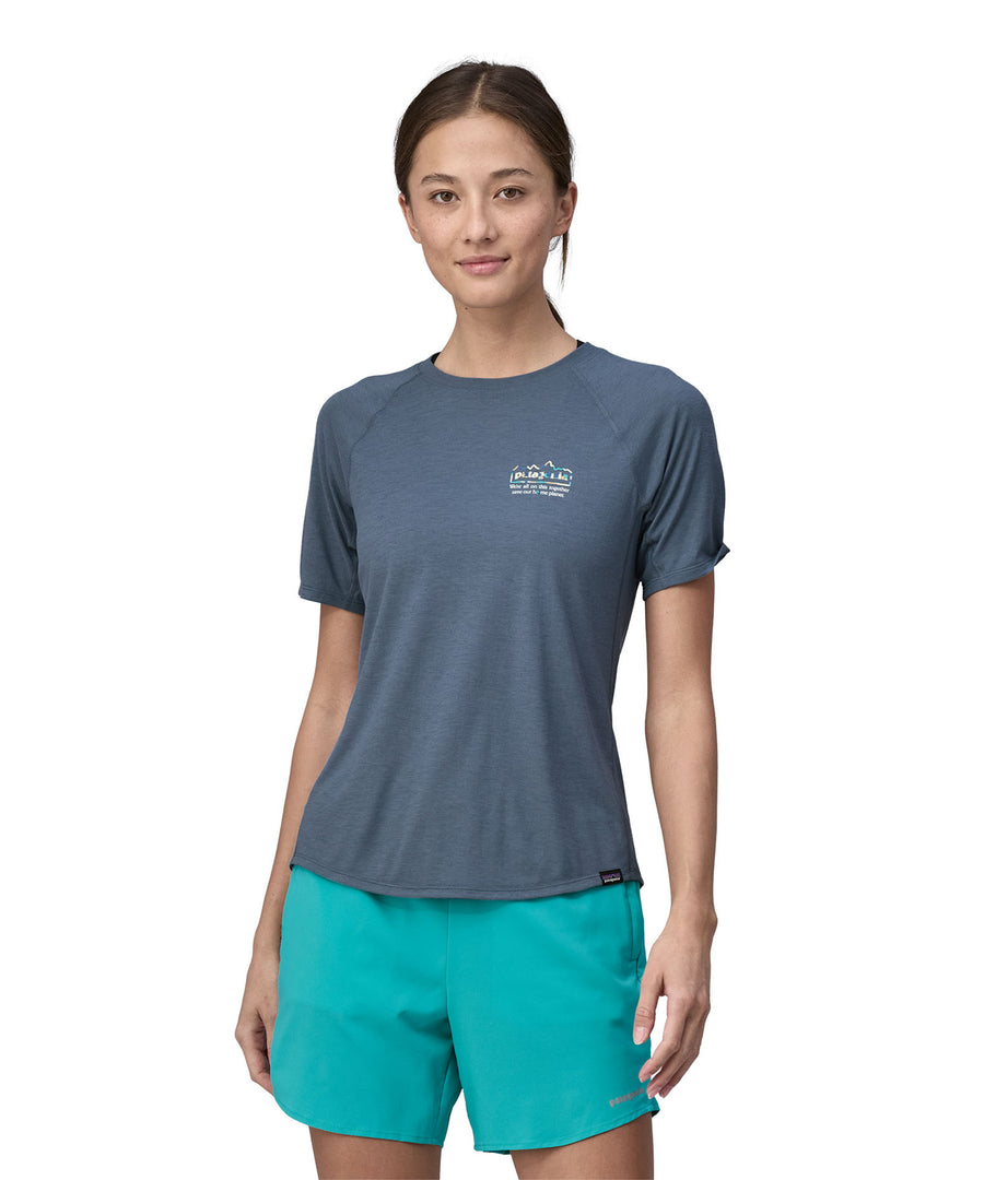 An adult showing the fit of the Patagonia Women's Capilene Cool Trail Graphic Shirt from the front.