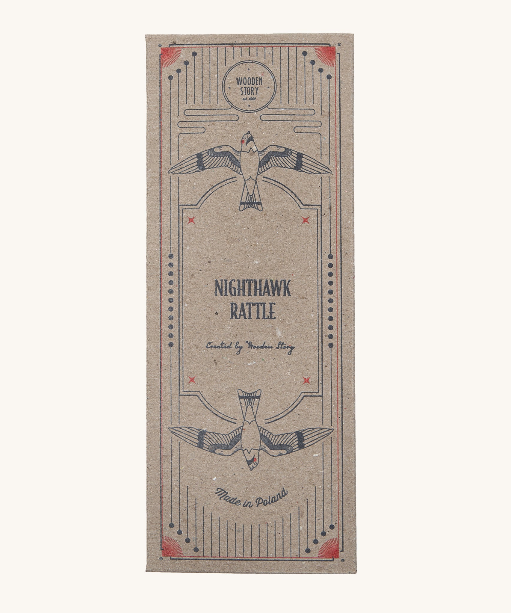 The outside of the Wooden Story Nighthawk Rattle cardboard box, decorated in a vintage inspired print, with two birds