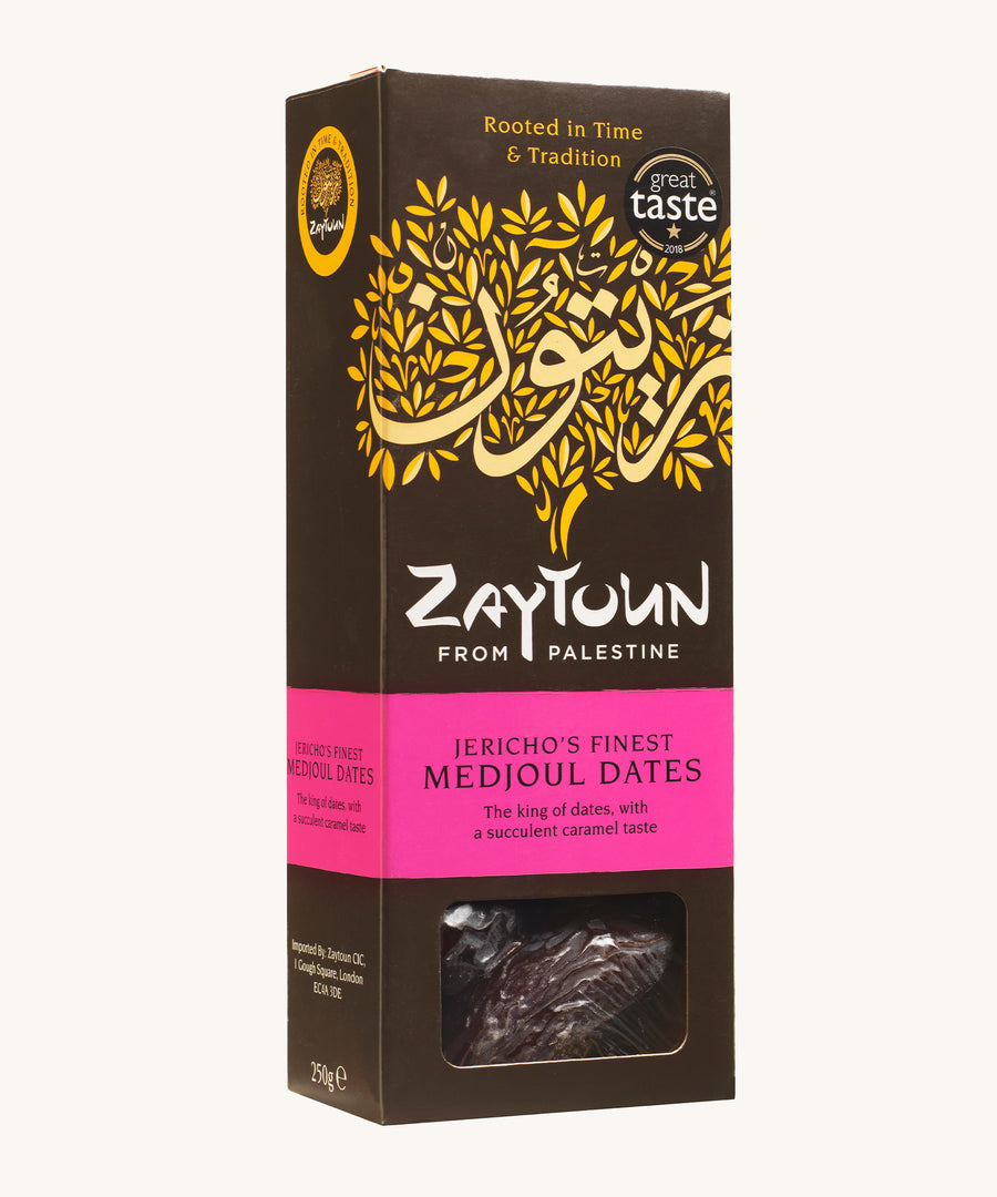 Zaytoun Jericho's Finest Medjoul Dates - 250g box on a plain background