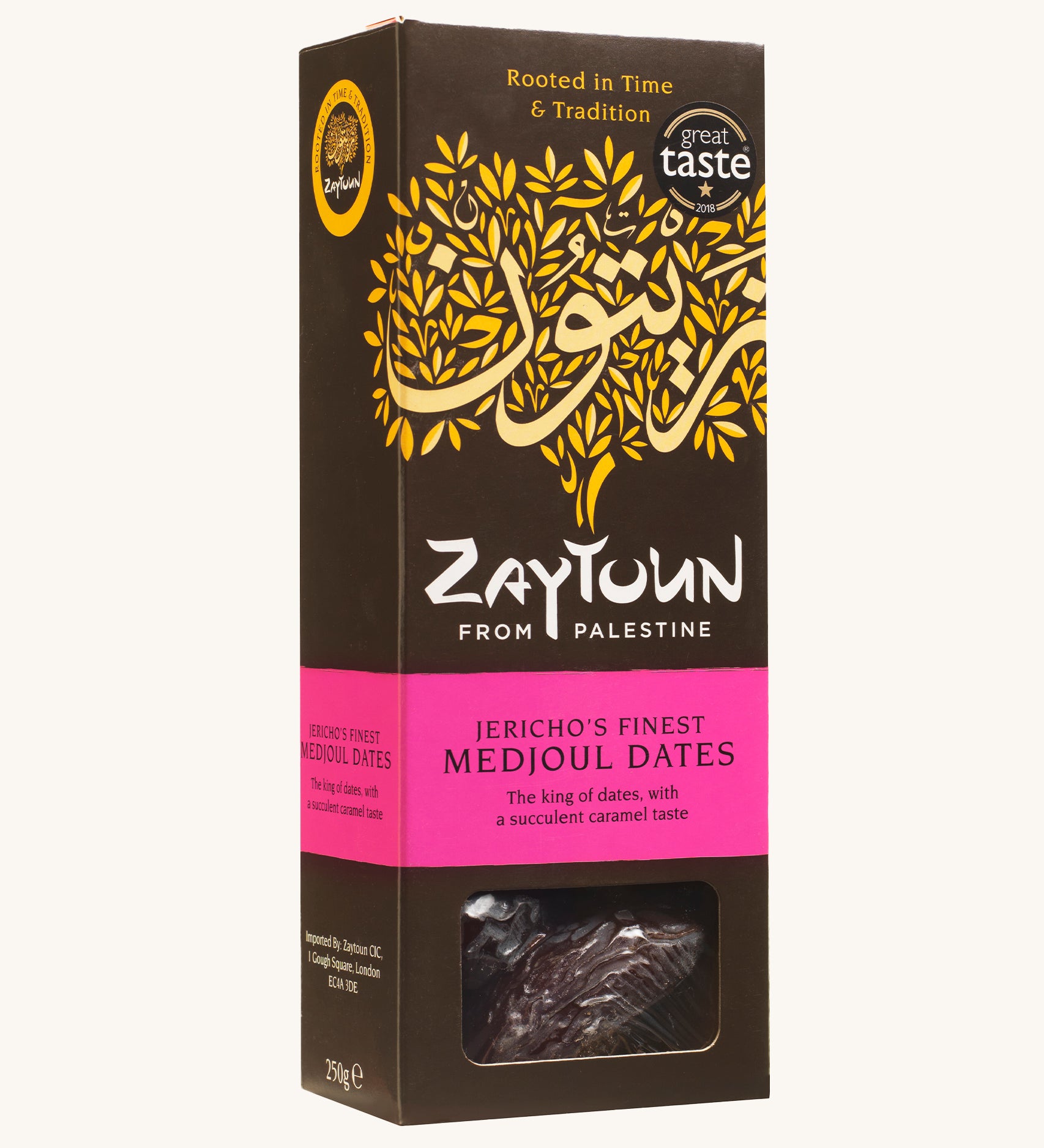 Zaytoun Jericho's Finest Medjoul Dates - 250g box on a plain background