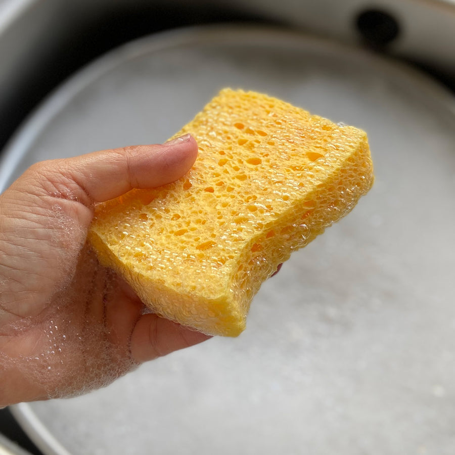 Close up of a hand holding a Slice of Green plastic-free dishwashing sponge over some bubbly water