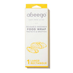 Packaging for the Abeego plastic-free reusable large beeswax wrap on a white background