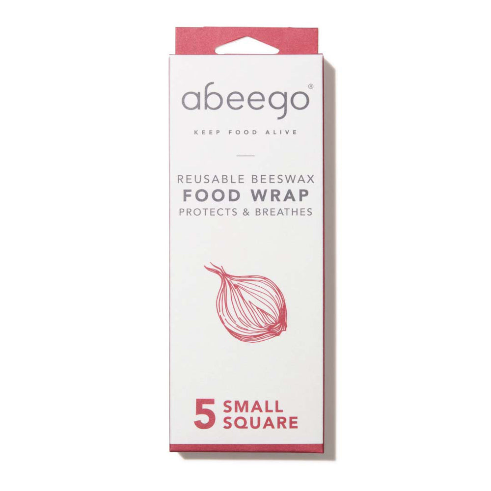 Packaging for the Abeego reusable beeswax food wrap on a white background