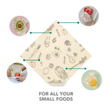 Infographic showing what food can be wrapped with the Abeego small natural beeswax food wraps