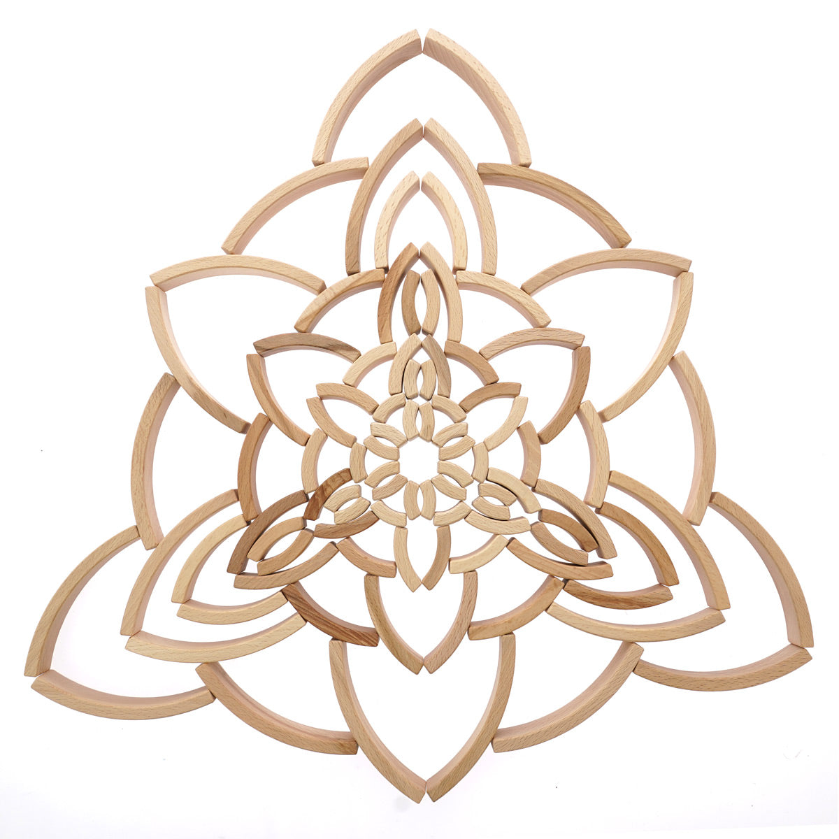 96 pieces of Abel Golden Ratio wooden toy blocks laid out in a flower mandala on a white background