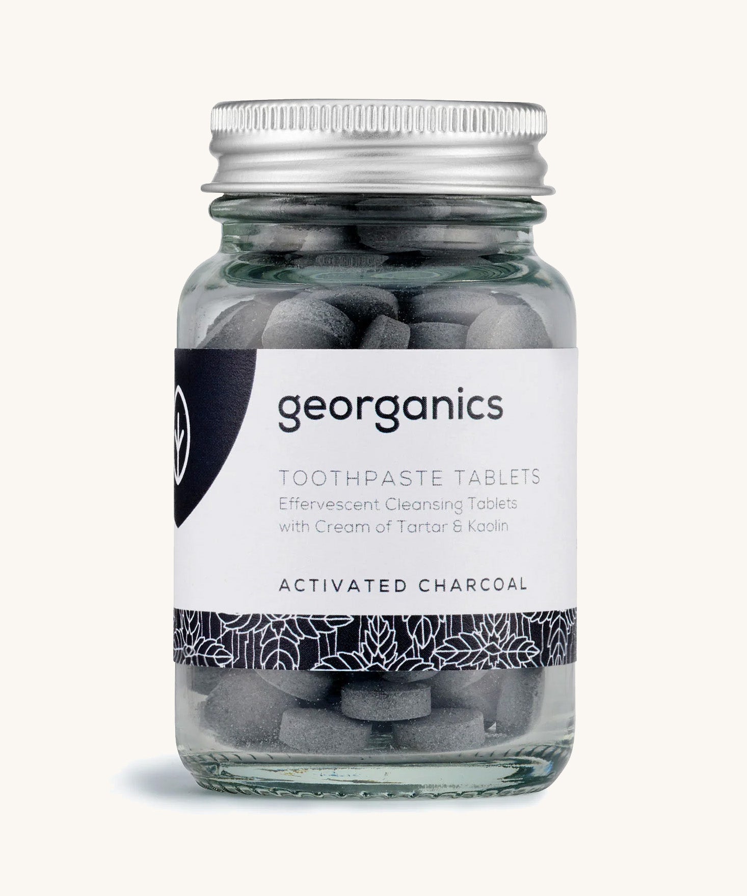 A jar of the Georganics activated charcoal toothpaste tablets