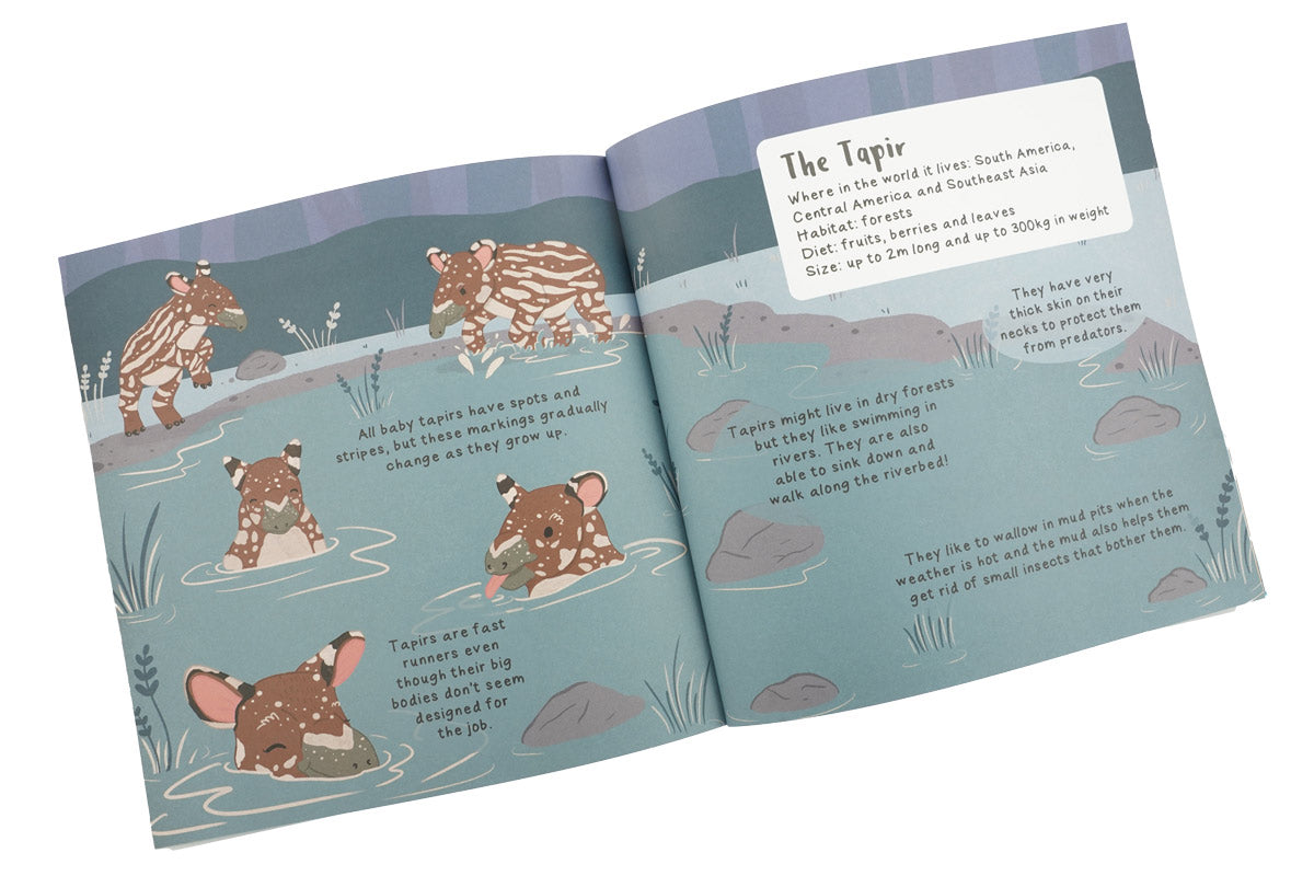 Pages of the Adorable Animals kids book open on a white background showing facts about the Tapir animal