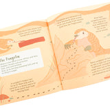 Pages of the Adorable Animals kids book open on a white background showing facts about the Pangolin animal