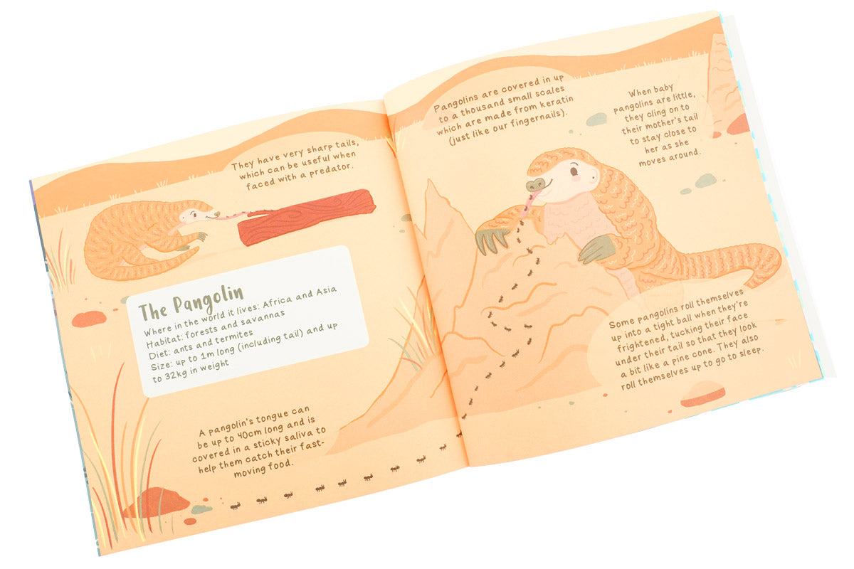 Pages of the Adorable Animals kids book open on a white background showing facts about the Pangolin animal