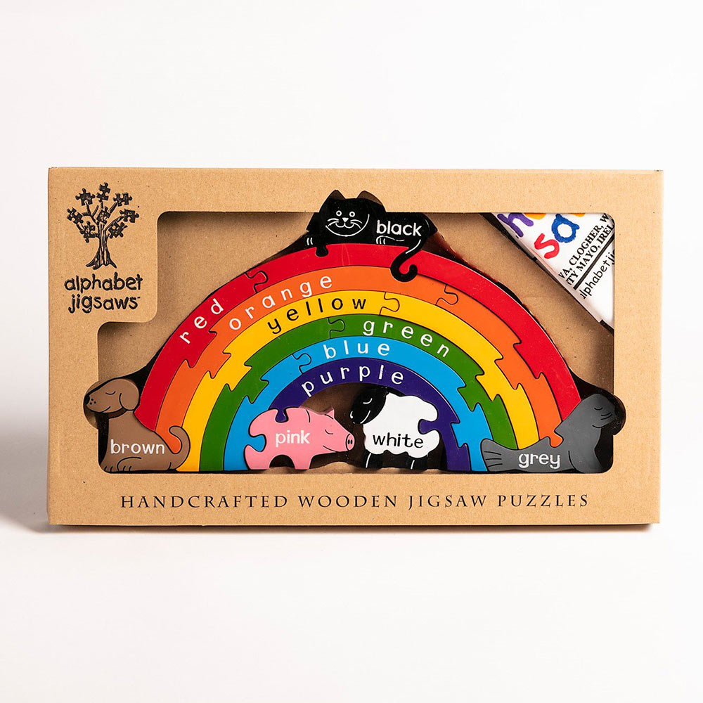 Alphabet Jigsaw multicolour Rainbow 3d puzzle in its recyclable cardboard box on a white background