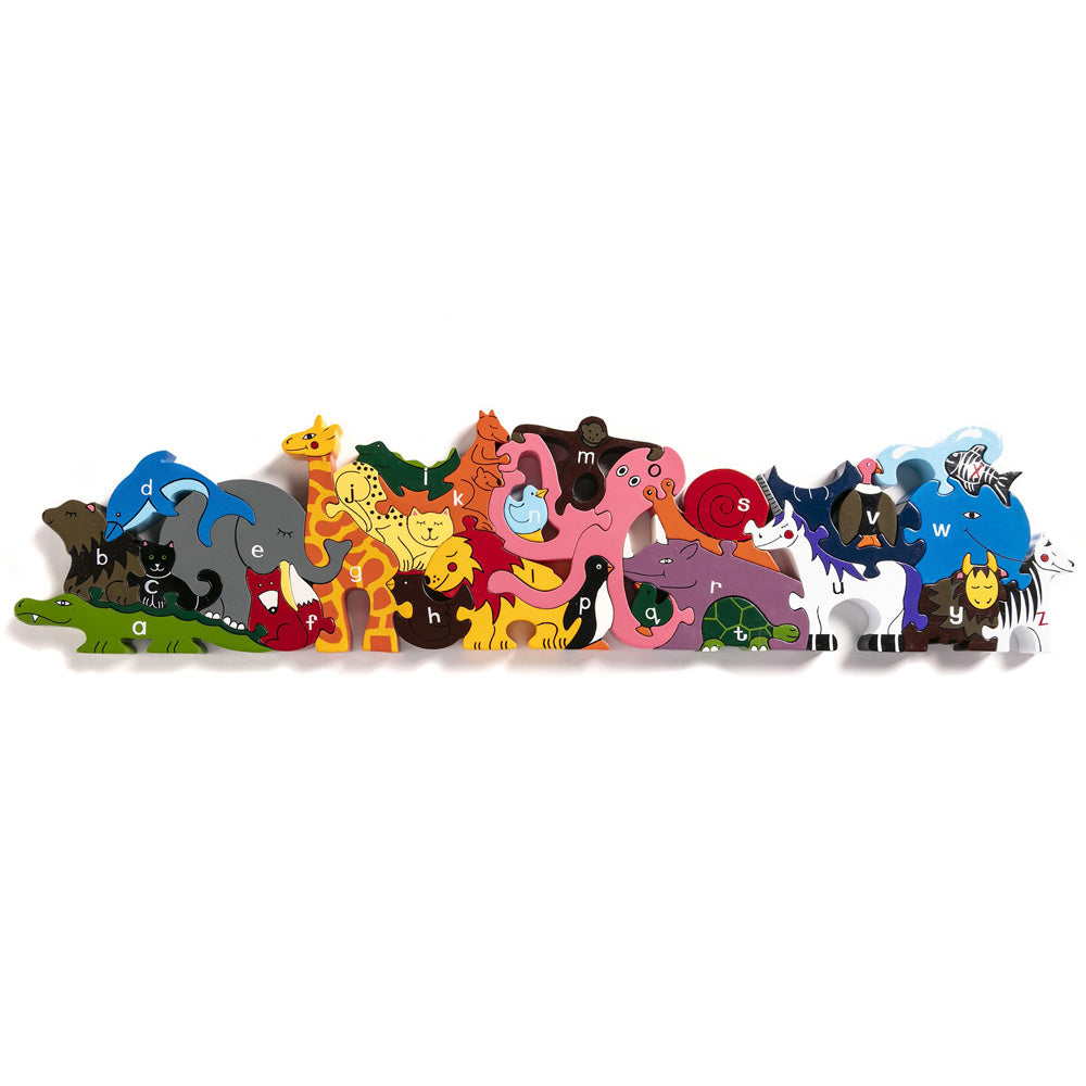 Alphabet Jigsaw wooden 3D zoo animals puzzle laid out on a white background