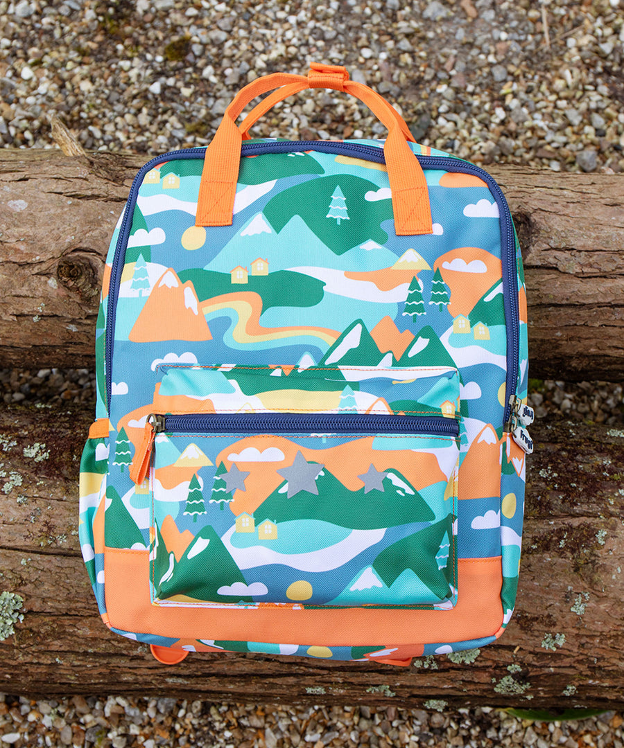 A closer look at the name label on the Frugi Children's Explorers Backpack - Alpine Adventures