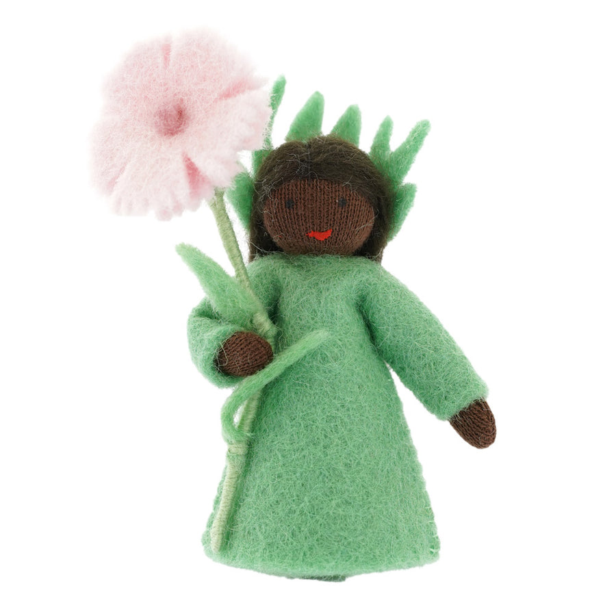 Ambrosius handmade felt carnation fairy figure with black skin on a white background