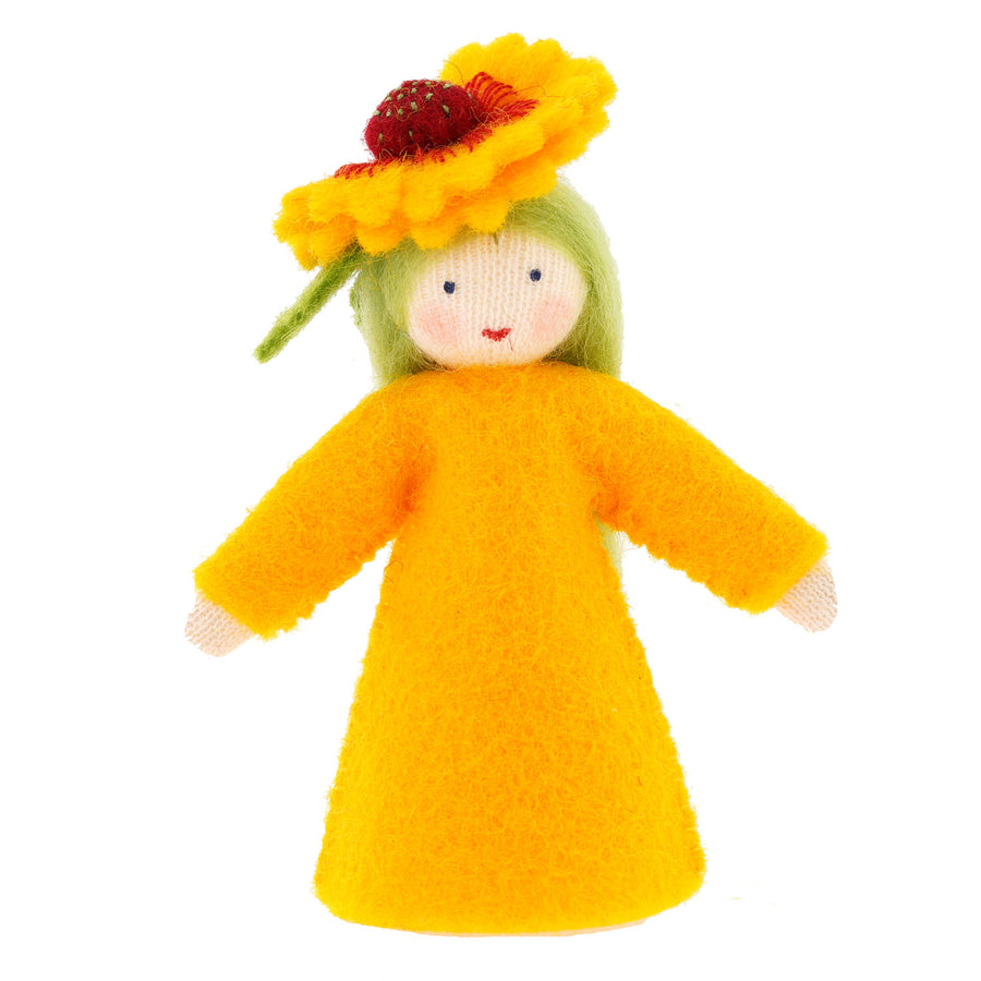 A hand felted Ambrosius Firewheel Fairy with White Skin picyured on a plain background