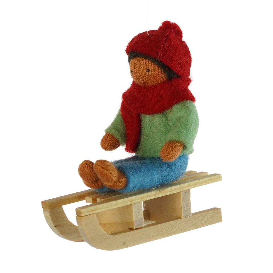 Ambrosius handmade felt boy on a sledge hanging Christmas decoration