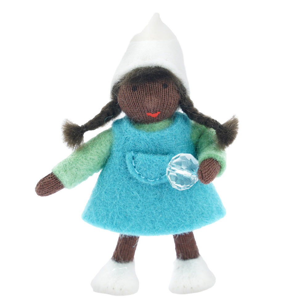 Ambrosius eco-friendly handmade felt dwarf girl winter figure with black skin on a white background