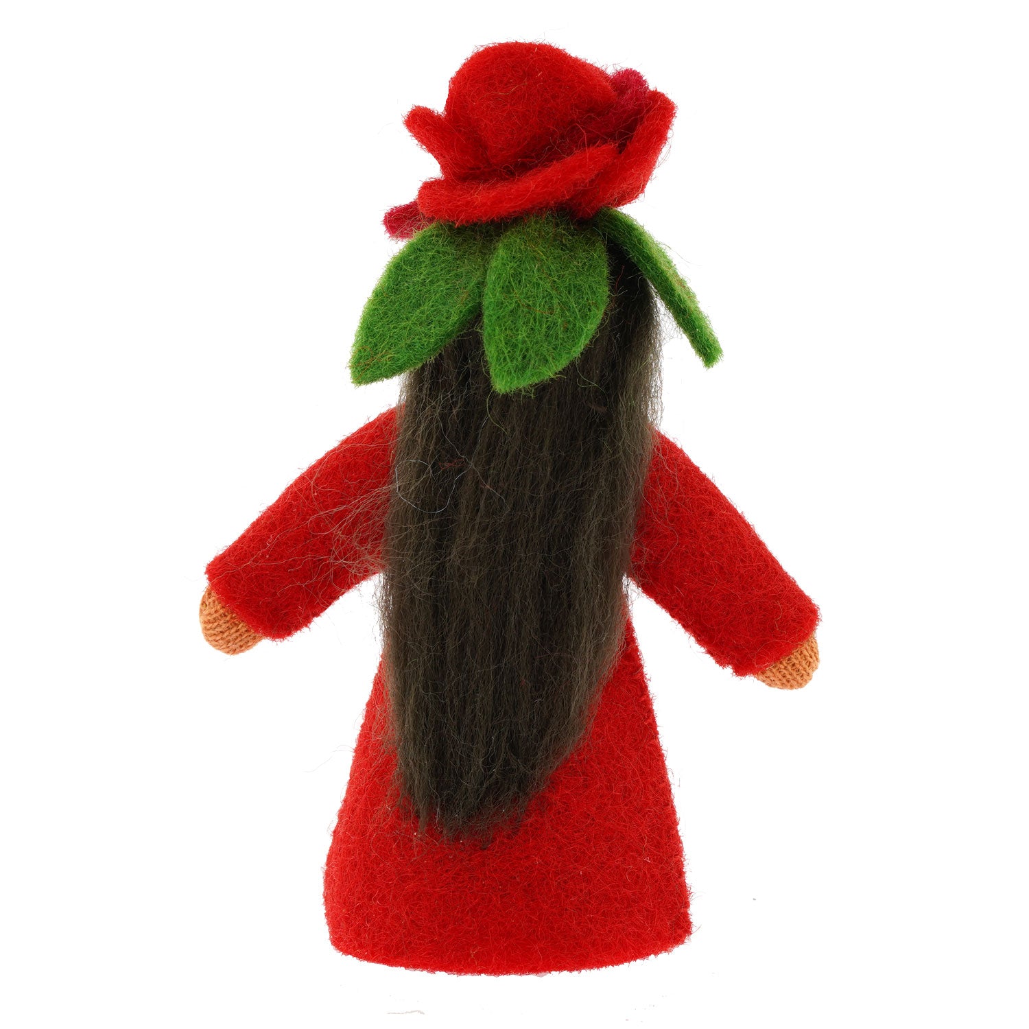 Back of the Ambrosius red rose felt fairy showing dark coloured long hair on a plain background