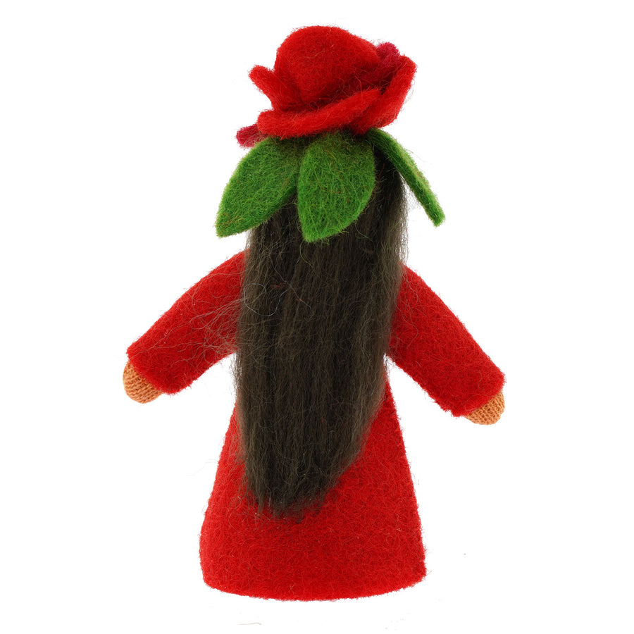 Back of the Ambrosius red rose felt fairy showing dark coloured long hair on a plain background