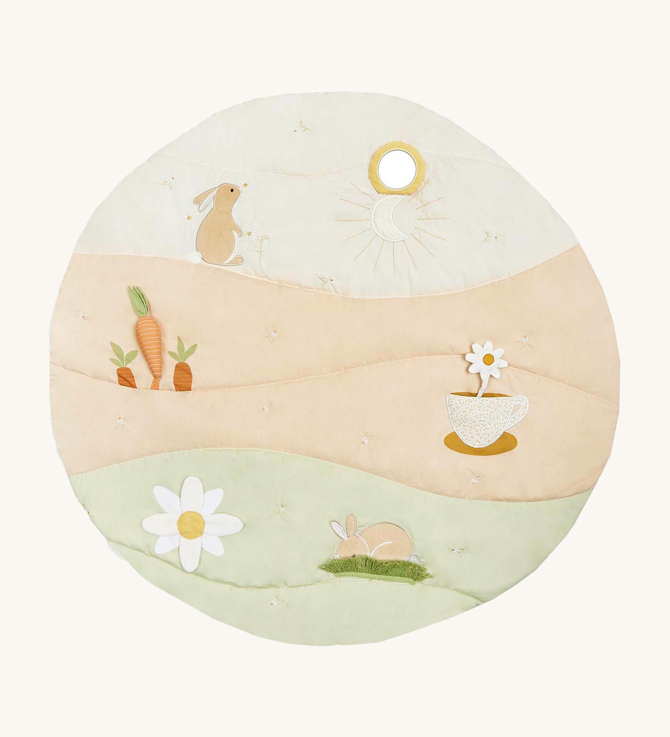 A wild chamomile Avery Row activity play mat with a rabbit, carrot a teacup and flower on top of the play mat on a cream background.